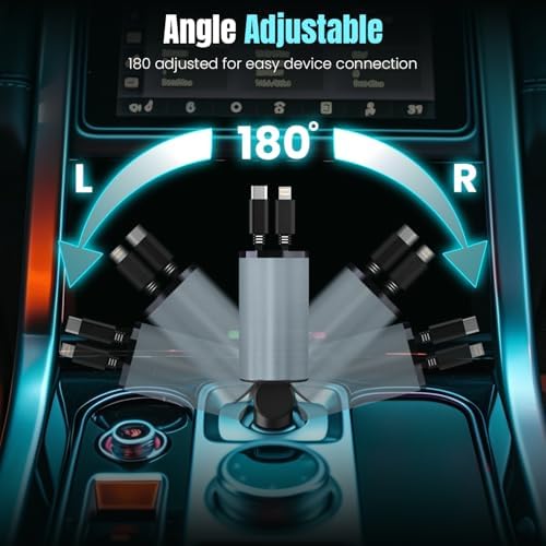 Versatile 4-in-1 Retractable Car Charger with Dual USB Ports – Fast Charging Solution for i Phone 16/15/14/13/12 & Android Devices – Compact Design with Tangle-Free Dual Retractable Cords (2.6 ft) – Perfect for Road Trips & Daily Commutes – Enhanced Compatibility for Samsung, Pixel & More