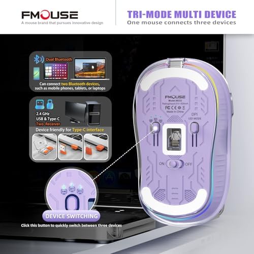 Sleek Dual Connectivity Transparent Wireless Mouse – Rechargeable RGB with USB-C Receiver for Mac Book & Laptops, Compact Design with Cool LED Lights, Silent Operation, and Magnetic Cover for Enhanced Portability – Orange