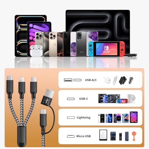 Ultra-Fast 240 W 4-in-1 USB C Charging Cable with Breathing Light Indicator – Multi-Device Compatibility for i Phone, i Pad, Samsung Galaxy, and Mac Book – 5 Ft Durable Cord in Stylish Purple for Efficient Data Sync and Enhanced Charging Performance