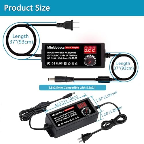 Universal 72 W Adjustable AC to DC Power Supply Adapter – Versatile 3 V to 36 V Converter with LED Voltage Display & 16 Interchangeable Tips for Efficient Household Electronics Charging – Ideal for Hobbyists and Professionals Seeking Optimal Performance and Portability
