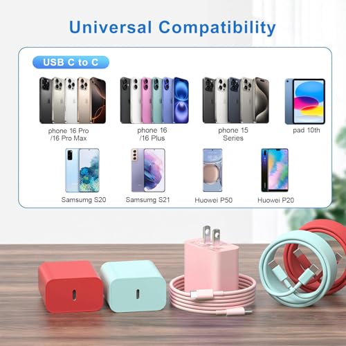Ultimate 10 Ft USB-C Fast Charging Cable for i Phone 16 & 15 – 3-Pack High-Speed 60 W Cords for i Pad Pro, Mac Book Air, and Samsung Devices – Versatile Charging Solution in Red, Green, Pink for Maximum Compatibility and Convenience