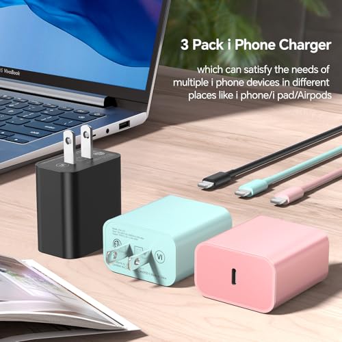 10 FT Lightning Cable 3-Pack – Premium Fast Charging Cord for i Phone 14/13/12/11/Xs Max/XR/X & Air Pods Pro – 20 W High-Speed Durable Charger in Pink, Green, Black – Ultimate Compatibility and Convenience for Everyday Use