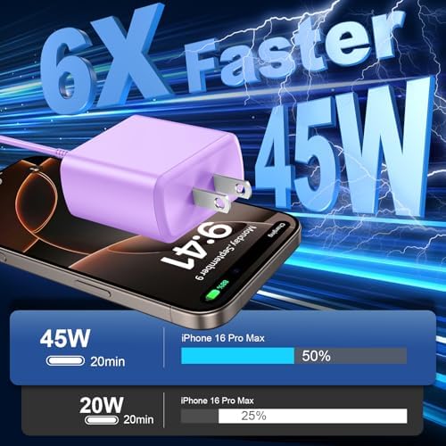 45 W USB-C Super Fast Charger for i Phone 16 & Galaxy Devices – Includes 6.6 FT Type-C Cable for Flexible Power Solutions – Compact & Portable Design for On-the-Go Charging – Advanced Safety Features for Device Protection – Ideal for Rapid Power Demands and Enhanced Device Longevity