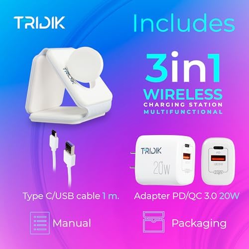 3-in-1 Wireless Charging Station – 15 W Fast Magnetic Charger for i Phone, Apple Watch & Air Pods – Foldable Travel Design with 20 W Adapter – TRIDIK Enhanced Portability & Efficiency – Ultimate Convenience for Modern Tech Users