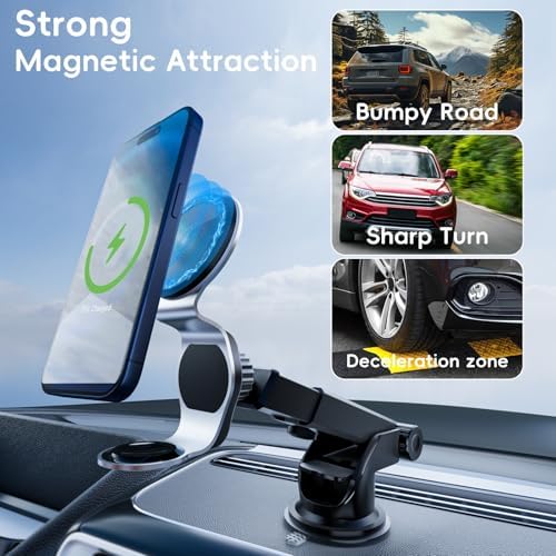 Revolutionary 2-in-1 Wireless Car Charger with Mag Safe Mount – Fast 15 W Magnetic Charging for i Phone 15/14/13/12 & Apple Watch | 7 LED Color Indicators for Real-Time Status | Ultimate Compatibility with Mag Safe Cases and Accessories for Hassle-Free On-the-Go Power Solutions