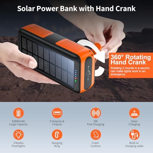 Ultimate 63200 m Ah Solar Power Bank with Hand Crank & 4 LED Flashlights – Fast Charging Emergency Battery Pack for Hiking, Camping, and Survival – Unmatched Durability and Safety Features for All Outdoor Adventures – Dual Input & Output Compatibility, Water & Drop Resistant Design for Extreme Conditions