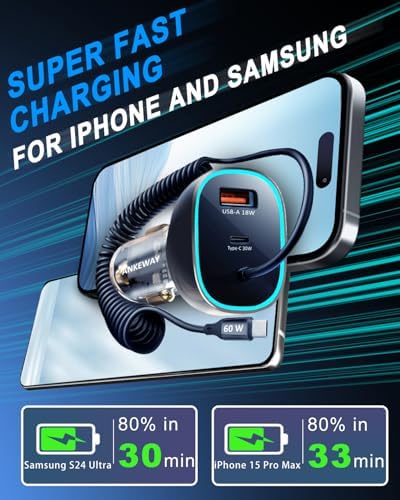 High-Performance 90 W USB C Car Charger with 5 ft Coiled Cable – Fast Charging Adapter for i Phone 15 Pro Max, Samsung Galaxy S24/S23, Mac Book & More – Sleek Transparent Design, Universal Compatibility, Ideal for Road Trips & Daily Commutes