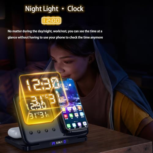 Revolutionary 5-in-1 Wireless Charging Station with Digital Clock, Night Light, and Temperature Display – 15 W Fast Charge for Qi Phones, Smartwatches & TWS Earbuds – Enhanced Safety Features and Space-Saving Design for Home or Travel