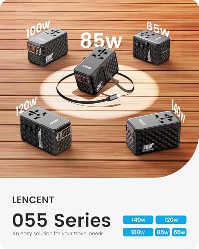 85 W Universal Travel Power Adapter with Retractable USB-C Cable – Optimal Fast Charging Hub for Global Use, Featuring 4 Ports for Seamless Connectivity in US, EU, UK & Beyond, Engineered for On-the-Go Professionals Seeking Efficiency and Versatility
