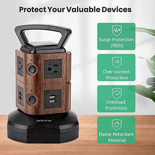 JACKYLED Power Strip Tower Surge Protector with 12 Outlets and 6 USB Ports (2 USB-C) – High-Speed Charging Station with 1050 Joules Protection, 1625 Watts, 6.5 ft Extension Cord for Enhanced Home Office Efficiency and Device Safety