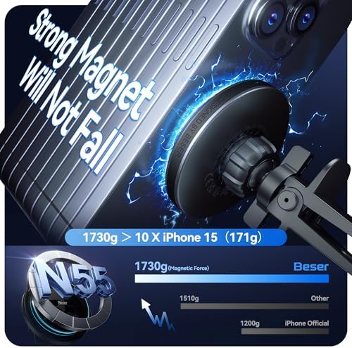 Enhance Your Driving Experience with the Beser 15 W Mag Safe Car Charger – Premium Magnetic Qi Wireless Mount for i Phone 15/14/13/12 Series, Rapid 15 W Charging, Robust 3.81 lbf Magnetic Grip, Elegant Aluminum Alloy Finish, Versatile Dashboard & Air Vent Compatibility, Effortless One-Handed Operation for Easy Navigation & Connectivity