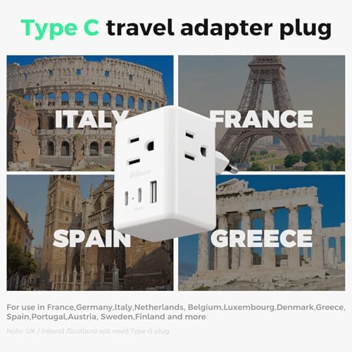Universal European Travel Power Adapter with Dual USB-C Charging Ports – 3 Outlet Type E/F Plug for Effortless Device Connectivity in France, Portugal, Germany, and Beyond – Essential Travel Companion for Seamless Power and Fast Charging on Your European Adventures