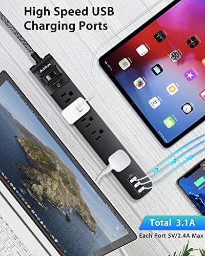 Dual Pack Surge Protector Power Strip with 5 Spacious Outlets and 3 Fast USB Ports – 1875 W/15 A Capacity for Home Office Efficiency, 6 Ft Durable Braided Cord, Smart Overload Protection, Wall Mountable Flat Plug Design for Optimal Space Utilization and Device Safety