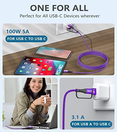 6.6 ft USB Type C Charger Cable – 100 W Power Delivery Fast Charging for i Phone 16/15 Pro Max, Mac Book, i Pad Pro/Air & Samsung Galaxy S24/S23/S22 – Durable Nylon Braided 2-in-1 USB C to C Design for Optimal Compatibility and Speed