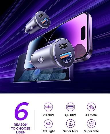 LISEN 48 W Dual USB-C Car Charger Adapter (2 Pack) – Mini & Metal Fast Charging Cigarette Lighter Charger for i Phone 15 Pro Max, Samsung Galaxy, i Pad – Power Delivery & Quick Charge 3.0 for Ultimate Device Compatibility on the Go