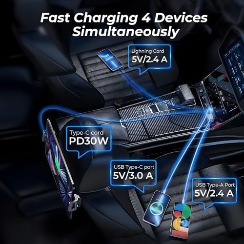 Dual-Port Retractable 4-in-1 Car Charger Set – Fast Charge i Phone and USB-C Devices with 2.6 ft Cords – Essential Gray Adapter for Men and Women – Perfect Travel Companion and Gift for Efficient Charging on the Go