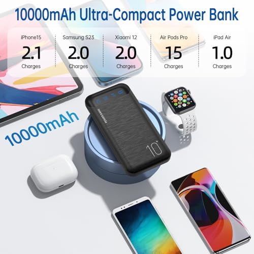 10000 m Ah Slim Portable Power Bank – Fast Charging External Battery Pack with Dual USB 2.4 A Outputs & USB-C Compatibility for i Phone 12-16, Huawei, Samsung Galaxy S20, & Android Tablets – Ideal for Travel and Daily Use