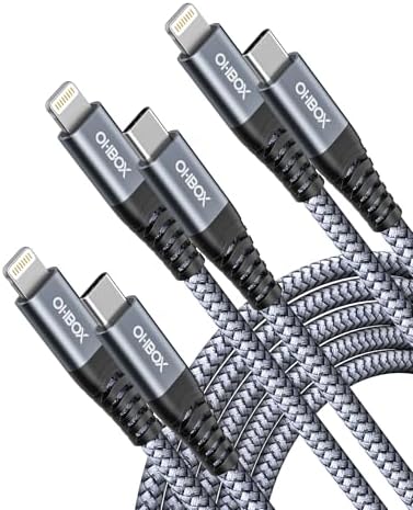Experience Unmatched Charging Efficiency with the ohbox USB-C to Lightning Cable 3 FT – 3 Pack Fast Charging Braided Cords for i Phone 14/13/12/11 and i Pad – Ultimate Durability and Compatibility for Your Devices