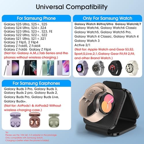 Portable Wireless Charging Station for Samsung Devices, Compact Foldable Charger for S25 Ultra/S24/Z Flip 6/5, Multi-Device Support for Galaxy Watch 8/7 & Buds Pro3/2 – Efficient Fast Charging Solution in Sleek White Design for Travelers and Professionals