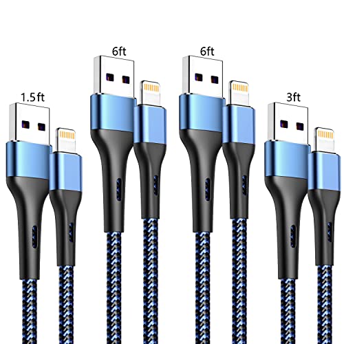 Ultimate 4-Pack i Phone Charger Set – MFi Certified Lightning Cables for Rapid Charging – Durable Nylon Braided Cords in 1.5, 3, 6 FT Lengths – Compatible with i Phone 13, 12 Pro Max, Mini, 11, XS, XR, X, 8, 7 Plus, 6 s, 6 SE, i Pad & i Pod – Reliable Power for Home, Office & Travel – Enhanced Charging Speed for All Apple Devices