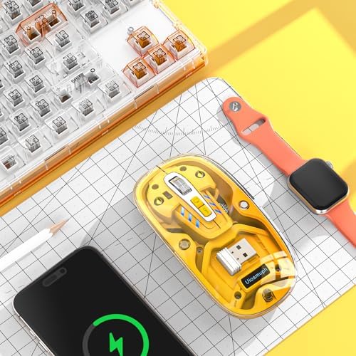 Experience Unmatched Versatility with the Uiosmuph Tri-Mode Bluetooth Mouse – Wireless, USB-C Rechargeable, and Quiet Click Design for Seamless Multi-Device Connectivity – Stylish Transparent Cover and Battery Level Indicator – Perfect for Laptops, Macs, and i Pads – Sleek Yellow Finish for Enhanced Productivity