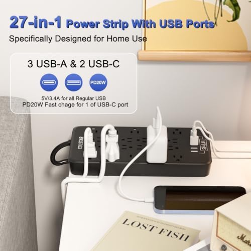 High-Capacity Surge Protector Power Strip with 22 Outlets and 5 Fast-Charging USB Ports | 2700 Joules Surge Protection | 1875 W/15 A Heavy-Duty Design | Wall Mountable with 6 ft Extension Cord | Ideal for Home, Office, and Gaming Rooms – Ultimate Device Safety & Charging Efficiency