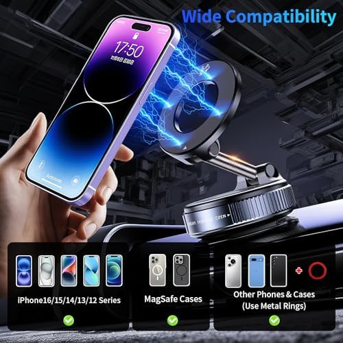 Transform Your Driving Dynamics with the 360° Adjustable Vacuum Magnetic Phone Holder – Universal Compatibility with Mag Safe for All Smartphones and Vehicles – Secure Navigation and Hands-Free Communication for Safer Journeys and Unmatched Convenience