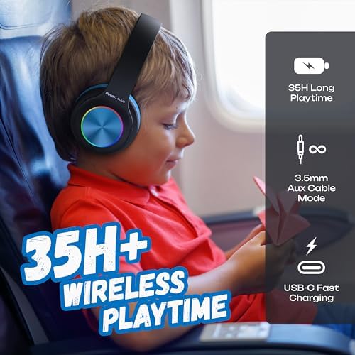 Vibrant Power Locus PLED Kids Bluetooth Headphones – Safe Volume Control (74/85/94 d B), Fun LED Lights, Hi-Fi Sound, Built-in Microphone & Multi-Connectivity for Travel, Learning & Play – Perfect Over-Ear Design for Children