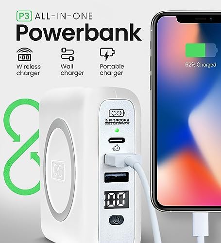 Infina Core P3 8000 m Ah Portable Power Bank: Ultra-Fast 18 W USB-C Charger with 4-in-1 Functionality, Qi Wireless Compatibility, and Travel-Ready Foldable Plug for Effortless Device Charging on the Go