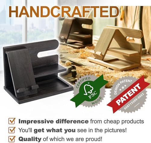 TESLYAR Wood Phone Docking Station for Men – Desktop or Nightstand Organizer – Birthday Gifts for Men, Dad – Anniversary Idea from Wife – Key Holder, Stand Wallet, Watch & Essentials (Antique Brown) – Enhanced Compatibility and Speed