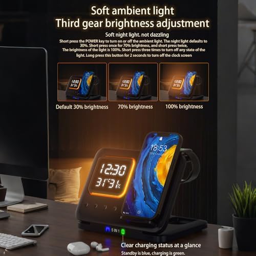 Revolutionary 5-in-1 Wireless Charging Station with Digital Clock, Night Light, and Temperature Display – 15 W Fast Charge for Qi Phones, Smartwatches & TWS Earbuds – Enhanced Safety Features and Space-Saving Design for Home or Travel