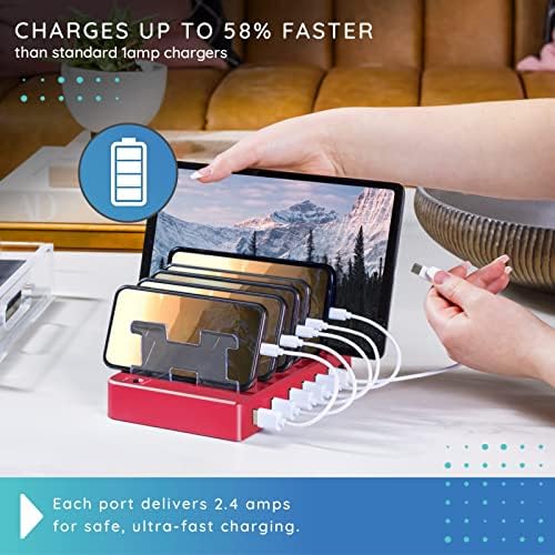 Stylish 6-Port USB Charging Dock in Elegant Pink – High-Speed Multi-Device Charger for i Phone and Android – Smart Technology for Fast, Safe Charging – Ideal for Home, Office, and Travel – Compact, Clutter-Free Design for Effortless Organization and Portability