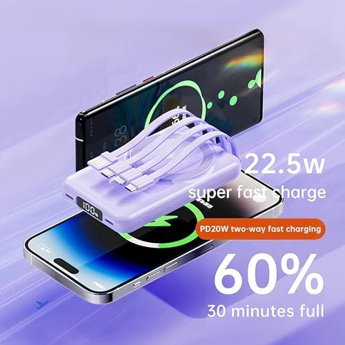 RCHL Mag Safe Portable Charger with 10,000 m Ah Capacity – 5-in-1 Fast Charging Power Bank Featuring Built-in Cables, LED Display, and Foldable Stand for i Phone 16/15/14/13 & Samsung Galaxy S25/S24 – Ultimate Convenience for On-the-Go Power Solutions