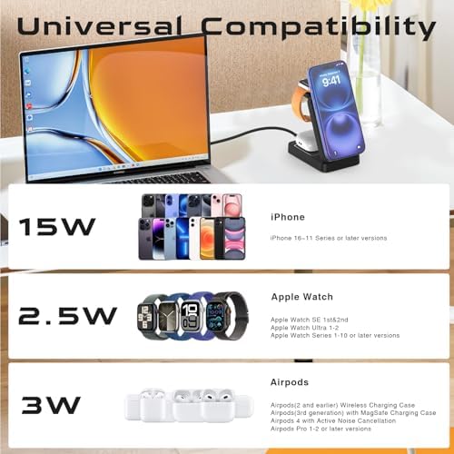 Portable 3-in-1 Wireless Charging Station for Apple Devices – Ultimate Magnetic Charger for i Phone 16/15/14/13/12/11 Pro Max, Air Pods, and Apple Watch – Fast, Foldable Design with Enhanced Compatibility and Safety Features for Home and Office Use