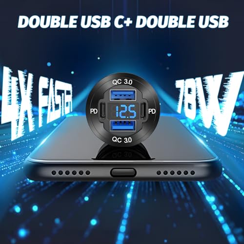 12 V USB Charger with LED Voltmeter – Premium 4-Port Aluminum Alloy Outlet Featuring Dual PD3.0 & QC3.0 Fast Charging for Cars, Boats, RVs, and More – Ultimate On-the-Go Power Solution (Pack of Two)