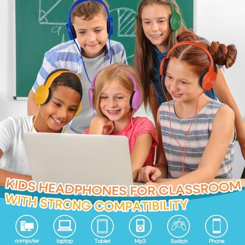Classroom Audio Excellence: 10-Pack Durable Wired Headphones for Students – Adjustable Comfort, Enhanced Device Compatibility, Lightweight Design for Effortless Portability, Ideal for Group Learning and Focused Study Sessions