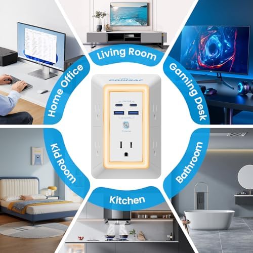 POWSAF 5-Outlet Surge Protector Power Strip with 4 USB Ports Including 2 USB-C PD 20 W for Fast Charging and Integrated Night Light – ETL Certified Multi Plug Outlet Extender with 3-Sided Design for Enhanced Accessibility and Safety in White Finish