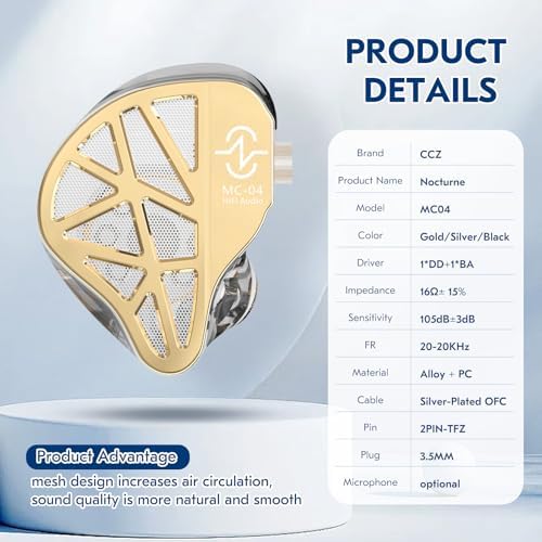 CCZ Nocturne Hybrid Driver IEM Earbuds – Superior Bass-Enhanced Wired Monitors for Immersive Gaming & Studio Excellence with Integrated Mic – Ergonomically Engineered for Musicians & Gamers – Unmatched Audio Precision & Comfort. Experience a revolutionary soundscape with our innovative hybrid driver technology featuring 1 Dynamic and 1 Balanced Armature Driver, delivering an extraordinary audio experience that combines lush bass and crystal-clear highs. Designed for prolonged wear, these earbuds ensure comfort during lengthy sessions, making them ideal for both professional studio work and intense gaming marathons. The built-in microphone facilitates seamless communication, enhancing your gaming and recording capabilities. Compatible with a wide range of devices, the CCZ Nocturne earbuds redefine auditory engagement, ensuring each note resonates with clarity and depth. Crafted from durable materials for longevity, these earbuds promise to elevate your listening experience while enduring the rigors of daily use. Discover the ultimate combination of quality and comfort with CCZ Nocturne, where every beat is a masterpiece.