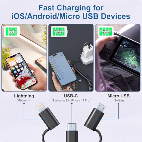 Versatile Coiled USB to USB-C & Lightning Cable Combo for i Phone and Android – MFi Certified Fast Charge & Data Sync up to 3 A – Tangle-Free Design for Apple Car Play & Android Auto Compatibility – Durable, High-Quality Charging Solution for Seamless Connectivity on the Go