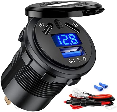 BATIGE Premium 3-Port Car Charger Socket with Dual 45 W PD Type C & 18 W QC 3.0 – Waterproof Fast Charging Adapter for 12 V/24 V Vehicles, Featuring Voltmeter & Power Control Button – Ultimate Solution for Cars, Trucks, Boats, and Motorcycles