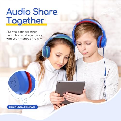 Kid-Friendly Foldable Wired Headphones with Microphone – Volume Limiting Safety (85/94 d B) for Hearing Protection, Share Port for Collaborative Audio, Ideal for Tablets, PCs, and School Use – Enhanced Type C Compatibility for Optimal Sound Quality and Comfort