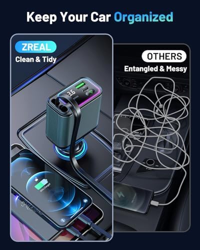 Versatile 4-in-1 Retractable Car Charger with RGB Lighting – 92 W Fast Charging USB-C Adapter for i Phone, Galaxy, and Pixel – Compact & Stylish Car Phone Charger for Effortless Power Management – Essential Car Accessory for Tech-Savvy Drivers