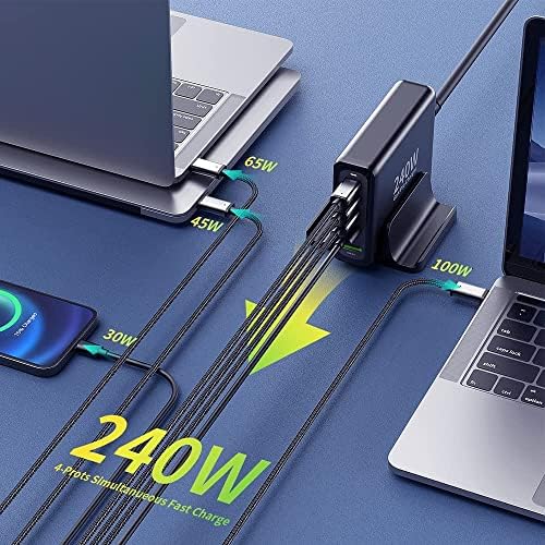 PTech 240 W Ga N USB-C Power Hub: High-Efficiency Dual Output Adapter for Rapid Charging of Laptops and Smartphones – Includes 100 W Fast Charging Cable for Ultimate Convenience on the Go