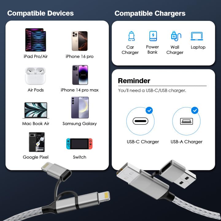 20 FT Ultra-Long i Phone Charger Cable – Fast 60 W 2-in-1 USB-C & Lightning Charging Cord for i Phone 16/15/14/13/12/11, i Pad & Mac Book – Durable Braided Design for Home, Office & Outdoor Use – Unmatched Flexibility and Rapid Power Delivery