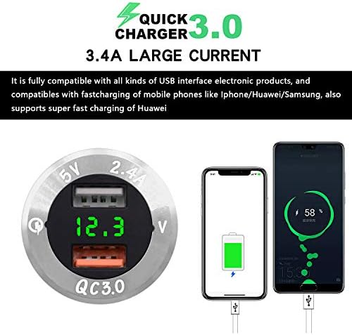 Upgraded Aluminum Alloy Quick Charge 3.0 Dual USB Car Charger Socket with Built-in Voltmeter – Fast, Reliable Charging Solution for Vehicles, Boats, and RVs – Sleek Silver-Green Design for Enhanced Aesthetic Appeal and Performance