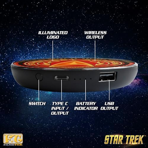 Star Trek Illuminating Wireless Charger & Backup Battery Pack – Sci-Fi Inspired Portable Phone Charger with Light-Up Transporter Pad Logo for Enhanced Compatibility and Fast Charging – Ultimate Gift for Star Trek Fans and Tech Enthusiasts