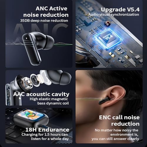 Advanced Active Noise Cancelling Wireless Earbuds with Bluetooth 5.4 – Perfectly Compatible with i Phone and Android for Superior Sound Performance – Extended Battery Life, Intuitive Touch Controls, and Exceptional Call Clarity – Tailored for Commuters, Fitness Buffs, and Everyday Audio Aficionados