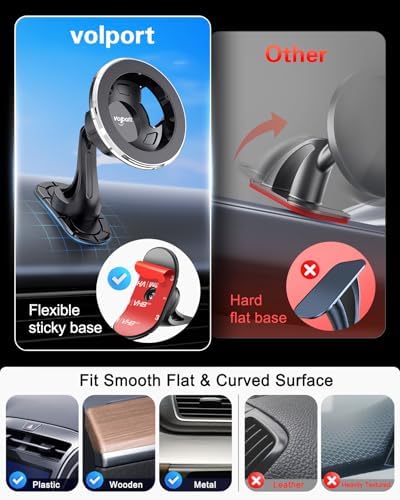 Experience Unmatched Convenience with VOLPORT Magnetic Adhesive Phone Mount – 360° Rotating Mag Safe Car Holder for i Phone & Samsung – Secure Dashboard Cradle with Powerful Magnetic Grip & Easy Installation via 3 M Sticky Base – Ideal for Hands-Free Navigation and Communication