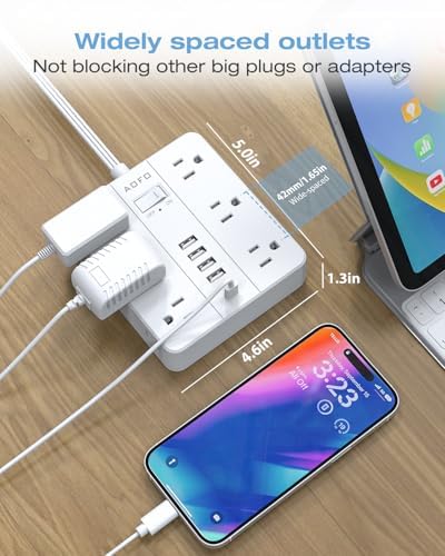 Maximize Your Charging Potential with AOFO 5 Ft Flat Plug Power Strip: 12 Outlet Surge Protector & 6 USB Ports (4 USB-A, 2 USB-C) for Home, Office, and Dorm Use – Reliable, Safe, and Space-Saving Design for All Your Devices