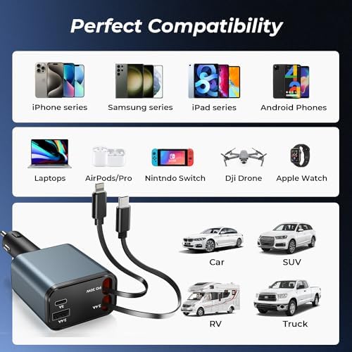 Dual-Port Retractable 4-in-1 Car Charger Set – Fast Charge i Phone and USB-C Devices with 2.6 ft Cords – Essential Gray Adapter for Men and Women – Perfect Travel Companion and Gift for Efficient Charging on the Go